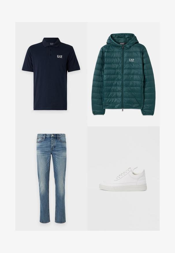 Veste matelassée en vert foncé avec capuche, dotée d'une fermeture éclair et d'un design matelassé horizontal. Logo EA7 sur la poitrine. Texture lisse et brillante.; Polo shirt bleu marine en coton, avec un col, des manches courtes et un logo EA7 blanc sur la poitrine gauche. Design à coupe classique.; Jean en denim bleu clair avec une coupe droite, design à cinq poches, fermeture à bouton en métal argenté et dégradé subtil sur tout le tissu.; Baskets en cuir blanc avec un embout arrondi, une semelle plate et un laçage à l'avant. Présentent des détails de couture et un col rembourré pour plus de confort.