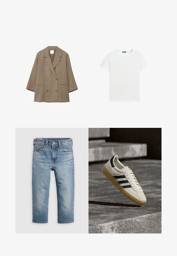 Hellbrauner, übergroßer, doppelt geknöpfter Blazer mit breiten Revers, zwei Vorderentaschen und dreiviertellangen Ärmeln.; Schlichtes weißes T-Shirt mit kurzen Ärmeln, rundem Halsausschnitt und einem kleinen schwarzen Etikett innen am Kragen.; Hellblaue Jeans aus Denim mit lockerem Schnitt, verkürzter Länge, fünf Taschen und Metallknopfverschluss. Verblasste Textur mit dezenten Nähdetails.; Weißer Adidas Spezial Sneaker mit schwarzen Streifen und Kautschuksohle, der über grauen Steinstufen im Freien schwebt.