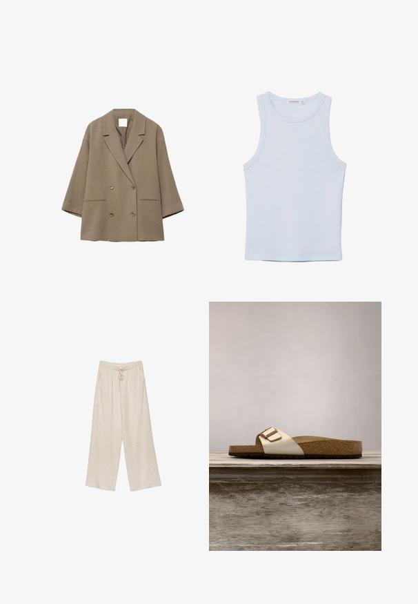 Lysebrun oversized dobbeltradet blazer med brede revers, to forlommer og 3/4-lange ærmer.; Lyseblå ærmeløs tanktop lavet af blødt bomuldsstof. Den har en rund halsudskæring og glatte kanter, uden synlige mønstre eller detaljer.; Beige linned bukser med vide ben, der har en snøre i taljen, to sidelommer og et let struktureret stof for åndbarhed og komfort.; Sandal med slide-design, der har en let metallisk overdel, korkfodbed og tekstureret brun gummisål. Spænde detalje med logoaccent.