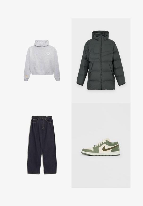 Steppjacke in Dunkelgrau mit Kapuze, versehen mit einem durchgehenden Reißverschluss, zwei Seitentaschen und gesteppter Struktur zur Isolierung.; Hellgrau Hoodie mit vorderem Kängurutasche, kleinem weißen runden Logo auf der linken Brust und beigem rechteckigem Patch am linken Ärmelbund.; Dunkelblaue, weit geschnittene Jeans aus Denim mit fünf Taschen und sichtbaren orangen Nähten, flach auf weißem Hintergrund dargestellt.; Low-Top-Sneaker mit cremefarbenen und olivgrünen Einsätzen, weißen Schnürsenkeln, olivgrünem Swoosh und weißer Sohle vor hellgrauem Hintergrund.