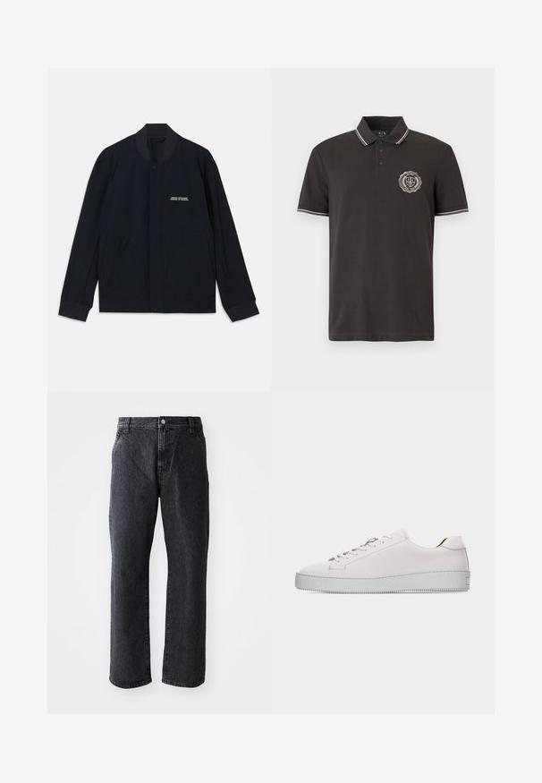 Dunkelblaue Jacke aus Baumwollstoff, mit einem runden Kragen, Druckknopfverschluss und zwei großen, runden Taschen. Minimale Markenkennzeichnung vorhanden.; Schwarzes Polohemd mit kurzen Ärmeln, drei Knöpfen, weißem Besatz am Kragen und an den Ärmeln und einem runden Logo-Patch auf der linken Brust.; Schwarze Denim-Jeans mit geradem Schnitt, ausgestattet mit einem Knopfverschluss, fünf Taschen und subtiler Textur. Klassisches Design ohne auffällige Muster.; Weißer Sneaker aus Leder im Low-Top-Stil mit weißen Schnürsenkeln, flacher strukturierter Gummisohle und minimaler Naht, von der Außenseite auf weißem Hintergrund gezeigt.