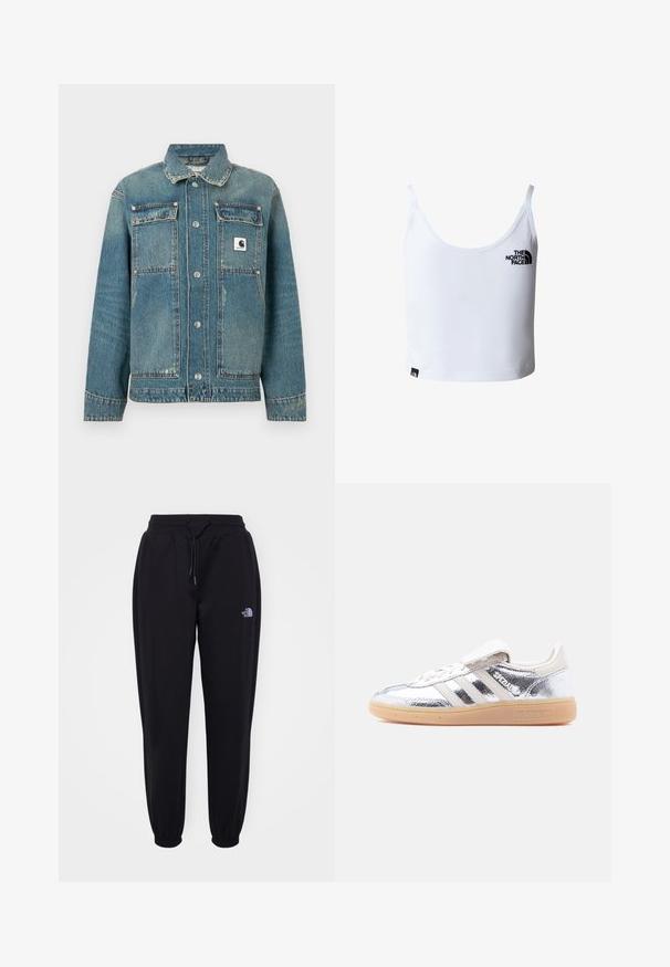 Chaqueta de mezclilla azul con diseño clásico, que incluye un cuello, botones a presión, dos bolsillos delanteros y una parches con la marca en el pecho izquierdo.; Top corto blanco con tirantes delgados, con el logo de The North Face en negro en el pecho y cerca del bajo.; Pantalones de chándal negros con cintura y puños elásticos, cordón de ajuste, bolsillos laterales y pequeño logo blanco de The North Face en el muslo derecho.; Zapatilla Adidas Spezial metálica plateada con rayas blancas y suela de goma, mostrada desde el lado izquierdo sobre un fondo blanco liso.