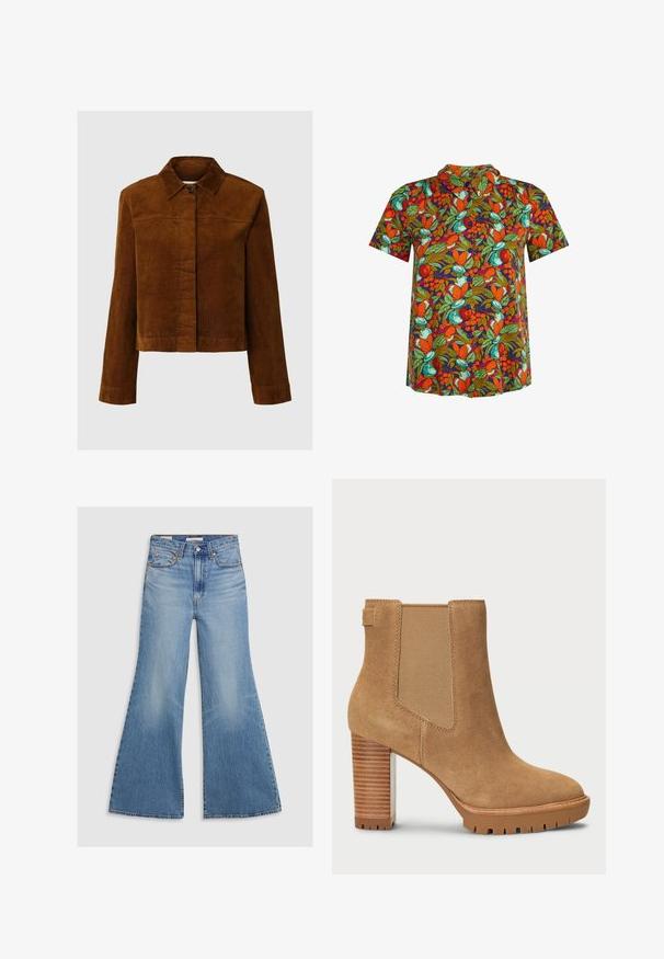 Chaqueta marrón de pana con cuello, mangas largas, cierre frontal con botones y dobladillo recto.; Camisa de manga corta con botones y un vibrante patrón de frutas y hojas en naranja, verde y azul verdoso sobre fondo oscuro.; Los pantalones vaqueros acampanados de lavado claro presentan una cintura alta, bolsillos frontales y herrajes en bronce. La tela tiene una textura desvanecida con un acabado suave.; Bota de ante color tan hasta el tobillo con tacón cuadrado, panel lateral elástico y suela de goma con un patrón de relieve para mayor tracción.