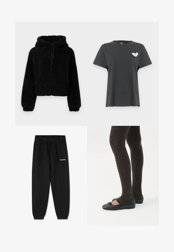 Sort cropped hoodie lavet af fluffy, struktureret stof. Har lynlåslukning, to forlommer og justerbare snore ved hætten.; Sort kortærmet T-shirt med rund hals og lille hvidt hjerteformet motiv på venstre bryst.; Sorte sweatpants lavet af blødt stof, med snoretræk i taljen, tætsiddende ben og sidelommer. "PEGADOR" logo i hvid på fronten.; Ben iført mørke ribbede leggings kombineret med sorte balletsko med små sløjfedetaljer på hvid baggrund.