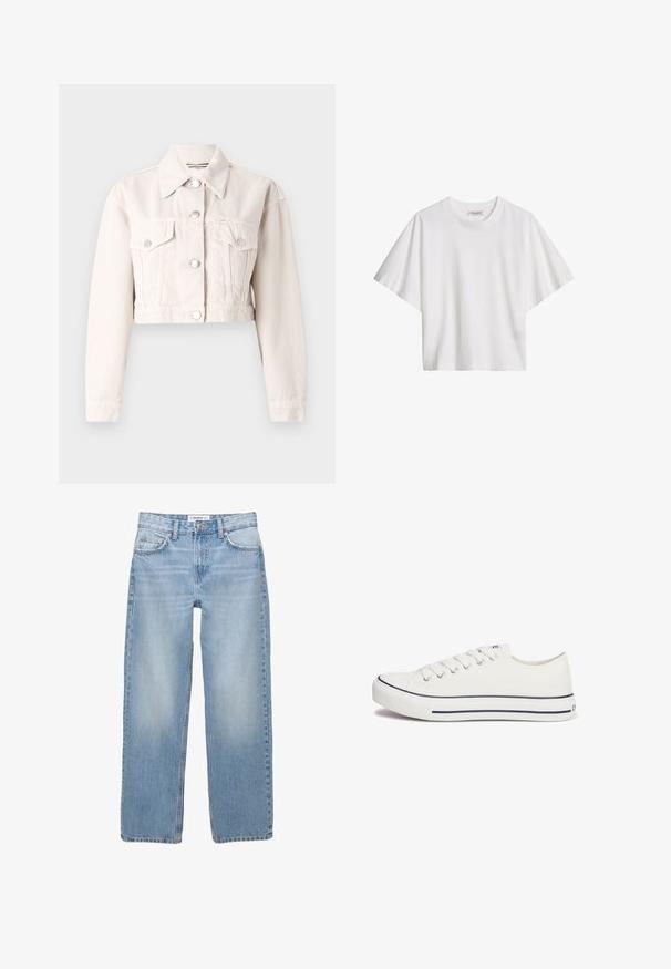 Veste en denim courte de couleur crème clair, avec un col, deux poches avant, des fermetures à boutons en métal argenté et un tissu légèrement texturé.; T-shirt blanc en coton, manches courtes, coupe ample, col rond et étiquette de marque à l'intérieur du col.; Jean en denim bleu clair avec une coupe droite, style cinq poches et des détails de couture visibles. Le tissu a une texture douce et légèrement décolorée.; Baskets en toile blanches avec un bout arrondi, un laçage à l'avant et une bordure rayée bleue autour de la semelle. Design minimaliste avec un profil bas.