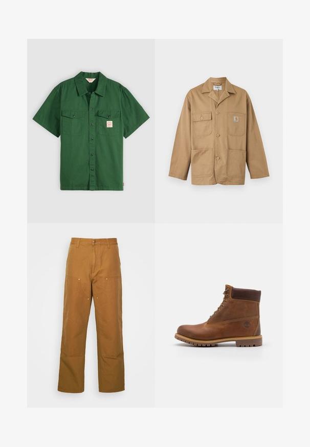 Lichtbruine katoenen werkjas met vier voorzakken, knoopsluiting en een klein logo op de bovenste rechterzak.; Korte mouwen groene katoenen shirt met knoopsluiting, twee borstzakken en een klein label op de linkse zak. Effen, geen patronen.; Bruine katoenen utility broeken met een rechte pijpdesign, voorzien van voorzakken en metalen hardware accenten voor extra duurzaamheid.; Bruine leren wandelschoen met een gladde afwerking, gevoerde enkel, metalen oogjes en een rubberen zool met een robuust profiel.