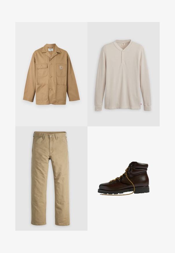 Lysebrun bomulds arbejdssjakke med fire lommer foran, knaplukning og en lille logo-patch på den øverste højre lomme.; Langærmet henley-skjorte i lys beige ribbet stof, med V-hals, tre-knap placket og manchetter ved ærmerne. Rød logo-tags ved kanten.; Khakifarvede bomuldssbukser med lige ben, forlommer og knaplukning. Glat tekstur og forstærkede sømme for holdbarhed.; Brun læder vandrestøvle med en afrundet tå, tekstureret overflade, gule snørebånd og metaløjer. Har en robust sort gummisål.