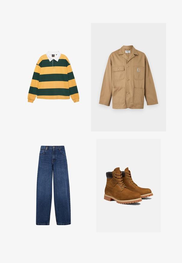 Veste de travail en coton marron clair avec quatre poches devant, fermeture par boutons, et un petit écusson logo sur la poche supérieure droite.; Maillot de rugby à manches longues avec de larges rayures horizontales jaunes et vert foncé, et un col blanc.; Jean en denim bleu à jambes larges avec un design classique à cinq poches, fermeture à bouton et une texture légèrement décolorée. Détails de couture robustes.; Bottines en daim marron avec un col rembourré noir, œillets dorés et semelle en caoutchouc épais avec un motif à crampons pour l'adhérence.