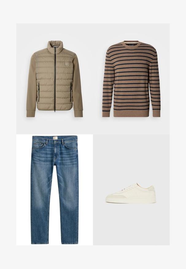 Veste matelassée beige avec un col montant et une fermeture éclair. Présente une texture matelassée à l'avant, des manches lisses et des poches latérales zippées.; Pull rayé marron et marine avec un col rond, des manches longues et des poignets côtelés, fabriqué en maille douce.; Jeans en denim bleu à coupe droite, featuring cinq poches, une fermeture à bouton et un léger dégradé sur le tissu pour ajouter de la texture.; Baskets en daim blanc à finition lisse, embout rond, design lacé plat, avec des accents texturés contrastants. Comprend un détail de logo subtil.