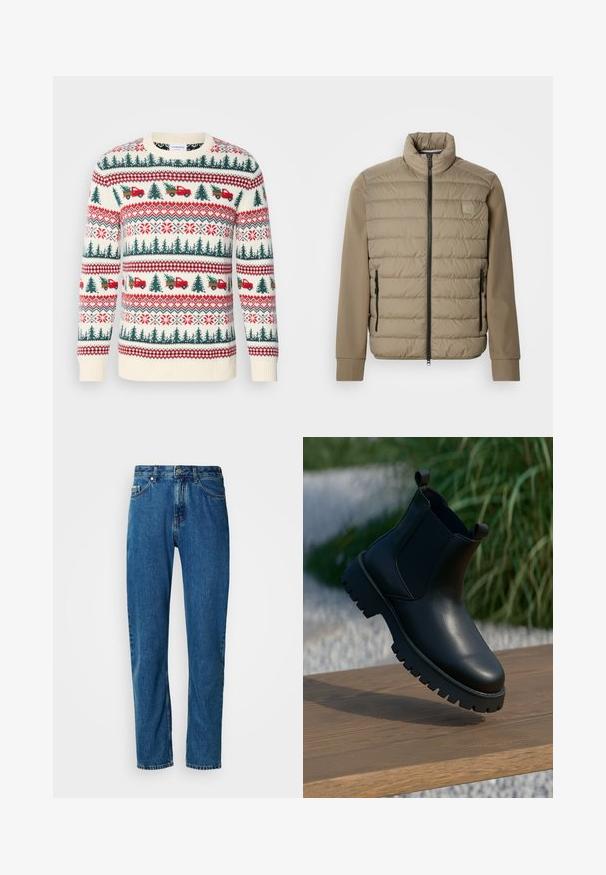 Beige dunjakke med høj krave og lynlåslukning. Har quiltet tekstur på forsiden, glatte ærmer og lynlåslommer i siderne.; Strikket sweater med en cremet base, røde og grønne mønstre af træer, lastbiler og snefnug, med ribkanter ved ærmerne og kanten.; Blå lige ben denim jeans med fem lommer og frontlukning med knap på en hvid baggrund.; Sorte læder ankelstøvler med elastiske sidepaneler, rund tå og kraftig sål, vist på en træoverflade.