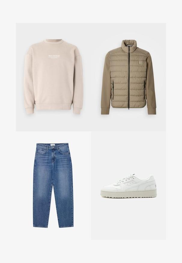Beige gewatteerd jack met een hoge kraag en ritssluiting. Heeft een doorgestikte structuur aan de voorkant, gladde mouwen en ritssluitingen aan de zijkanten.; Beige sweatshirt gemaakt van zachte stof met een ronde hals. Voorzien van witte tekstlogo op de borst en ribgebreide manchetten en zoom.; Blauwe denim jeans met een hoge taille, rechte pijpen en een vervaagde afwerking. Beschikt over vijf zakken en een knoopsluiting.; Witte lage sneaker met dikke zool, veters aan de voorkant, geperforeerde details en een gevoerde kraag op een effen lichtgrijze achtergrond.