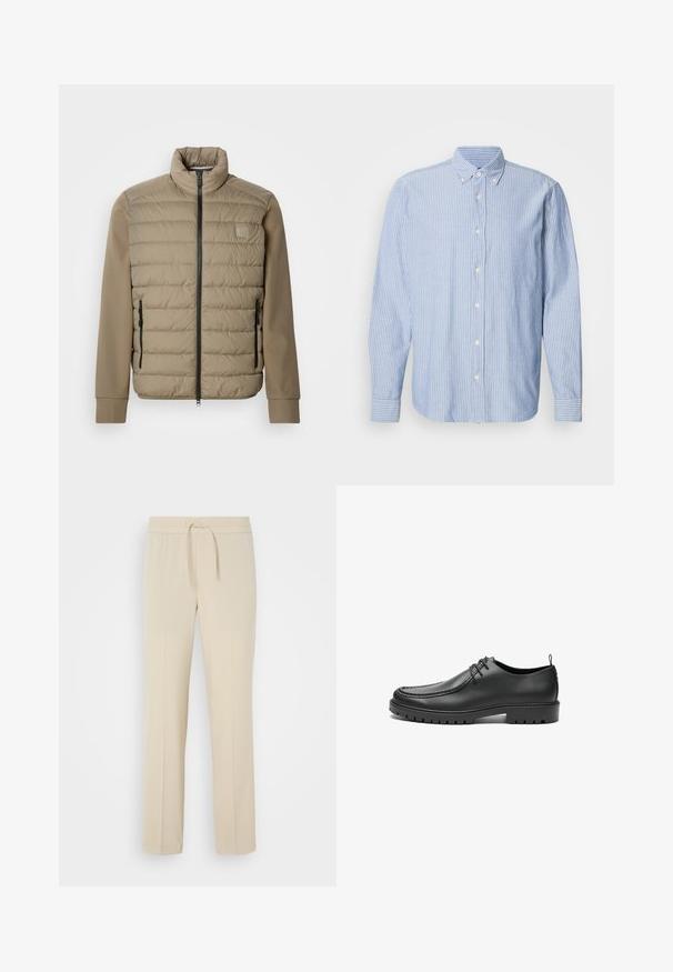 Veste matelassée beige avec un col montant et une fermeture éclair. Présente une texture matelassée à l'avant, des manches lisses et des poches latérales zippées.; Chemise à boutons en bleu clair avec des rayures blanches, dotée d'un col classique et de manches longues. Fabriquée en tissu tissé avec une texture lisse.; Pantalons beiges à taille élastique avec cordon de serrage. Comprend des jambes droites et une texture lisse, adaptés pour un usage décontracté ou pour se détendre.; Chaussures en cuir noir avec une finition lisse, bout arrondi et coutures décoratives. Elles possèdent une semelle en caoutchouc avec des rainures de traction et un laçage.