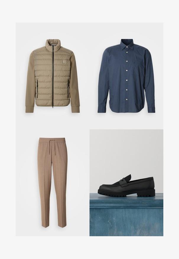 Beige gewatteerd jack met een hoge kraag en ritssluiting. Heeft een doorgestikte structuur aan de voorkant, gladde mouwen en ritssluitingen aan de zijkanten.; Marineblauw overhemd met lange mouwen, klein ruitpatroon, enkele borstzak en witte knopen op een effen achtergrond.; Bruine, geweven stoffen broek met een relaxte pasvorm, trekkoord taille en plooien aan de voorkant. Rechte pijpen en geen zichtbare zakken of hardware.; Zwarte leren instapschoen met een textuuraccent van stof, een stevige rubberen zool en een gladde afwerking. Voorzien van subtiele stikseldetails.