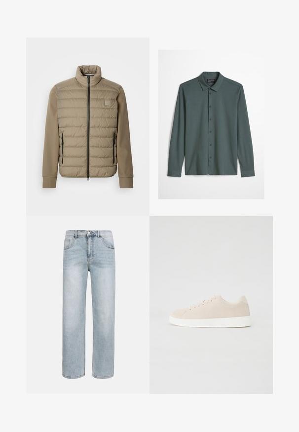 Veste matelassée beige avec un col montant et une fermeture éclair. Présente une texture matelassée à l'avant, des manches lisses et des poches latérales zippées.; Chemise pour homme à manches longues avec boutons, de couleur bleu-gris atténué, dotée d'un col classique et d'un logo brodé discret sur la poitrine.; Jean bleu clair à jambes droites avec poches avant, fermeture par bouton et légère décoloration sur les cuisses et les genoux.; Baskets en daim beige avec semelles en caoutchouc blanc, bout rond et six œillets pour les lacets. Texture lisse avec un design minimaliste.
