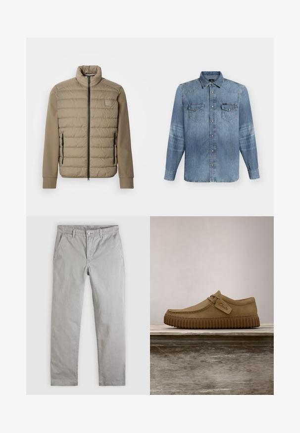 Beige dunjakke med høj krave og lynlåslukning. Har quiltet tekstur på forsiden, glatte ærmer og lynlåslommer i siderne.; Blå denim skjorte med lange ærmer med knaplukning, to forlommer med klap og knap samt klassisk krave, vist på en ensfarvet baggrund.; Lysegrå chinos fremstillet af bomuld, med lige ben, frontlommer og en knaplukning med et minimalistisk mærke ved taljen.; Lysebrune ruskindsko med rund tå, syet detaljer og en ribbet brun gummisål. Har et sidemærke med "Clarks" logo.
