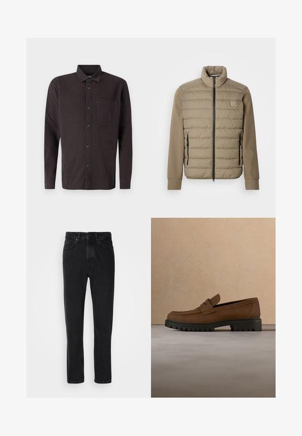 Veste matelassée beige avec un col montant et une fermeture éclair. Présente une texture matelassée à l'avant, des manches lisses et des poches latérales zippées.; Chemise à manches longues marron foncé en coton, avec un col à boutons, une poche avant et des boutons noirs pour la fermeture.; Jeans en denim noir avec une coupe droite, dotés d'une fermeture à bouton et à zip, de poches avant et d'une texture subtile.; Mocassin en cuir marron foncé avec semelle épaisse en caoutchouc noir présenté au-dessus d’un tapis beige et d’un canapé en arrière-plan.