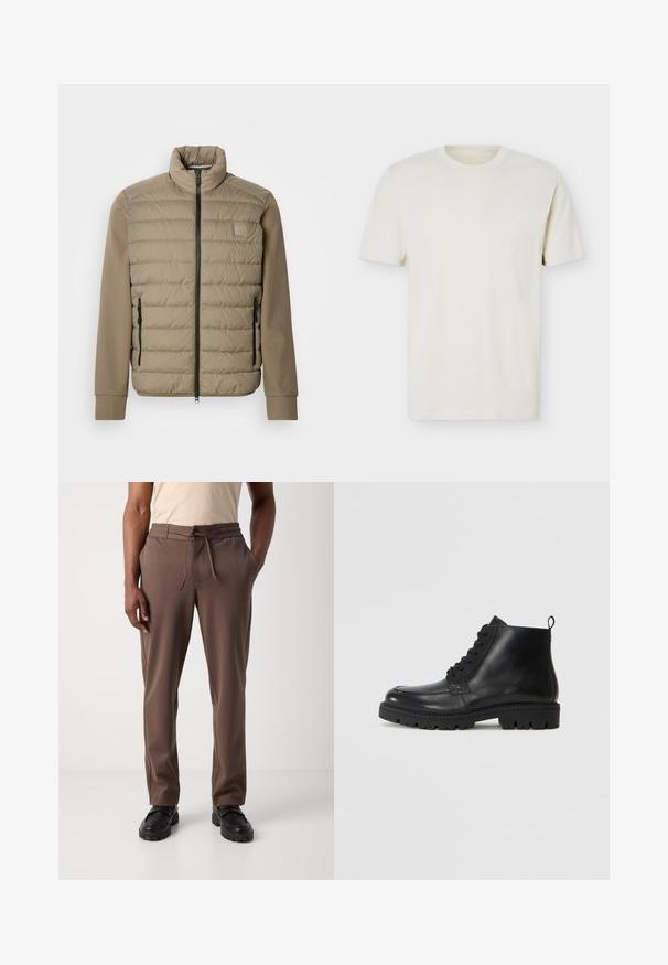 Beige dunjakke med høj krave og lynlåslukning. Har quiltet tekstur på forsiden, glatte ærmer og lynlåslommer i siderne.; Simpel, off-white T-shirt med korte ærmer og rund hals, med diskret logo på venstre bryst, vist mod en hvid flad baggrund.; Mand iført brune snørebukser og sorte sko, stående mod en ensfarvet hvid baggrund.; Sorte læder ankelstøvler med rund tå, snørebånd fortil og tekstureret gummisål. Inkluderer en løkke ved hælen for nem påføring.