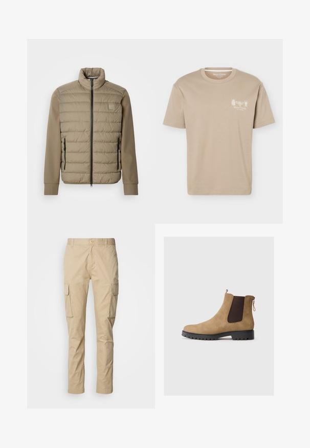 Veste matelassée beige avec un col montant et une fermeture éclair. Présente une texture matelassée à l'avant, des manches lisses et des poches latérales zippées.; T-shirt beige à manches courtes avec col rond, présentant de petits motifs d'insectes et le logo "Marc O'Polo" sur la poitrine gauche.; Pantalons cargo beiges à coupe droite, dotés de deux grandes poches latérales, d'une fermeture à bouton et fabriqués en tissu en coton léger.; Bottine chelsea en daim beige avec un bout rond, des panneaux latéraux élastiques, une languette à l'arrière et une semelle en caoutchouc texturée pour une meilleure adhérence.