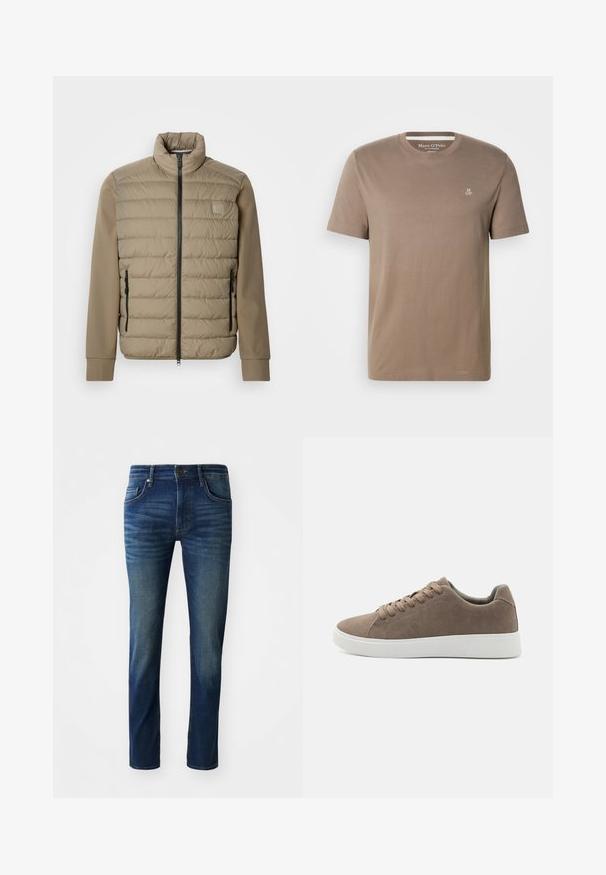 Beige Steppjacke mit hohem Kragen und Reißverschluss. Vorderseite mit gesteppter Textur, glatte Ärmel und seitliche Reißverschlusstaschen.; Taupefarbenes Kurzarm-T-Shirt aus Baumwolle mit Rundhalsausschnitt und kleinem weißen "M OP"-Logo auf der oberen linken Brust von Marc O'Polo.; Dunkelblaue Jeans aus Denim mit Slim-Fit, fünf Taschen, einem vorderen Knopfverschluss und einer dezenten, ausgebleichten Textur an den Beinen.; Braune Wildledersneaker mit flachen weißen Gummisohlen, Schnürdesign, abgerundete Zehen und einer glatten Textur. Minimalistischer Stil mit dezenten Nähdetails.
