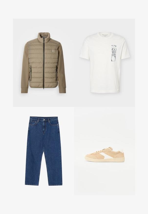 Beige dunjakke med høj krave og lynlåslukning. Har quiltet tekstur på forsiden, glatte ærmer og lynlåslommer i siderne.; Hvid T-shirt med korte ærmer, rund hals og sort abstrakt rektangulært motiv på venstre brystområde.; Mørkeblå denim jeans med lige ben, forlommer og en knaplukning med kontraststing hele vejen.; Beige ruskind sneakers med hvide detaljer, rund tå og snørebåndslukning. Tekstureret overdel og gummisål med diskret branding.