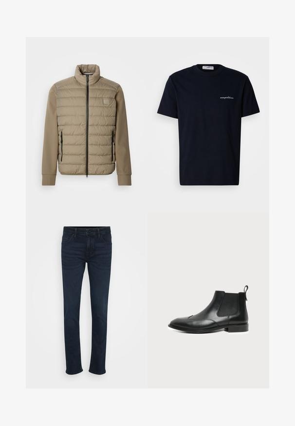 Beige gewatteerd jack met een hoge kraag en ritssluiting. Heeft een doorgestikte structuur aan de voorkant, gladde mouwen en ritssluitingen aan de zijkanten.; Marineblauw katoenen T-shirt met korte mouwen, ronde hals, voorzien van een klein wit geborduurd logo aan de linkerkant van de borst.; Donkerblauwe jeans met een rechte pijp, voorzien van een klassiek vijf-pocketdesign, metalen knoop en riemlussen in de taille.; Zwarte leren Chelsea enkellaars met elastische zijpanelen en aantreklus, met lage hak en afgeronde neus.