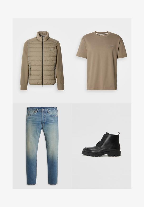 Veste matelassée beige avec un col montant et une fermeture éclair. Présente une texture matelassée à l'avant, des manches lisses et des poches latérales zippées.; T-shirt à manches courtes de couleur kaki, en coton, avec un col rond et un petit logo brodé sur le devant. Texture lisse, coupe décontractée.; Jean en denim bleu délavé pour homme avec poches avant, passants de ceinture, fermeture à bouton et décoloration subtile près de la taille.; Bottines en cuir noir à bout rond, avec des lacets à l'avant et une semelle en caoutchouc texturée. Comprend une languette à l'arrière pour un enfilage facile.