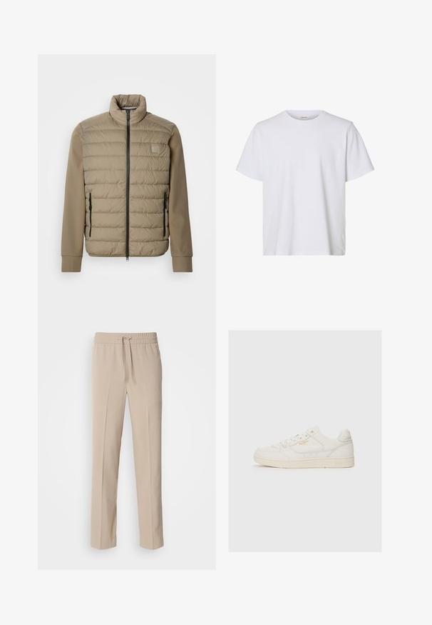 Beige dunjakke med høj krave og lynlåslukning. Har quiltet tekstur på forsiden, glatte ærmer og lynlåslommer i siderne.; Enkelt hvid kortærmet T-shirt med rund hals, almindelig pasform og glat stofstruktur, vist på en hvid baggrund.; Beige, afslappede bukser lavet af blødt materiale, med elastisk talje og snøre samt lige ben med minimale detaljer.; Hvide lædersneakers med en glat overflade, der har perforerede detaljer, snørebånd fortil og et diskret logo i guld nær siden.