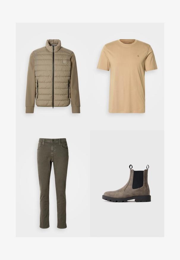 Beige Steppjacke mit hohem Kragen und Reißverschluss. Vorderseite mit gesteppter Textur, glatte Ärmel und seitliche Reißverschlusstaschen.; Beige Baumwoll-T-Shirt mit rundem Halsausschnitt, kurzen Ärmeln und kleinem gesticktem Logo auf der Brust. Glatte Textur und normale Passform.; Antony Morato KURT COMFORT - Jeans Tapered Fit - dark olive; Braune Wildleder Chelsea-Boots mit schwarzen elastischen Seitenpaneelen, Zugschlaufen und klobiger schwarzer Gummisohle auf einem schlichten weißen Hintergrund.