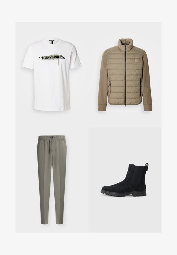 Beige dunjakke med høj krave og lynlåslukning. Har quiltet tekstur på forsiden, glatte ærmer og lynlåslommer i siderne.; Hvid bomulds T-shirt med et dristigt sort "ANTONY MORATO" logo med grønne spraymaling detaljer, rund halsudskæring og korte ærmer.; Herrers lysegrå skræddersyede bukser med tilspidsede ben og en elastisk talje med snørre foran.; Sort ruskind chelsea-støvle med et struktureret overmateriale, elastiske sidepaneler, en trækkestrop og en robust gummisål for godt greb.
