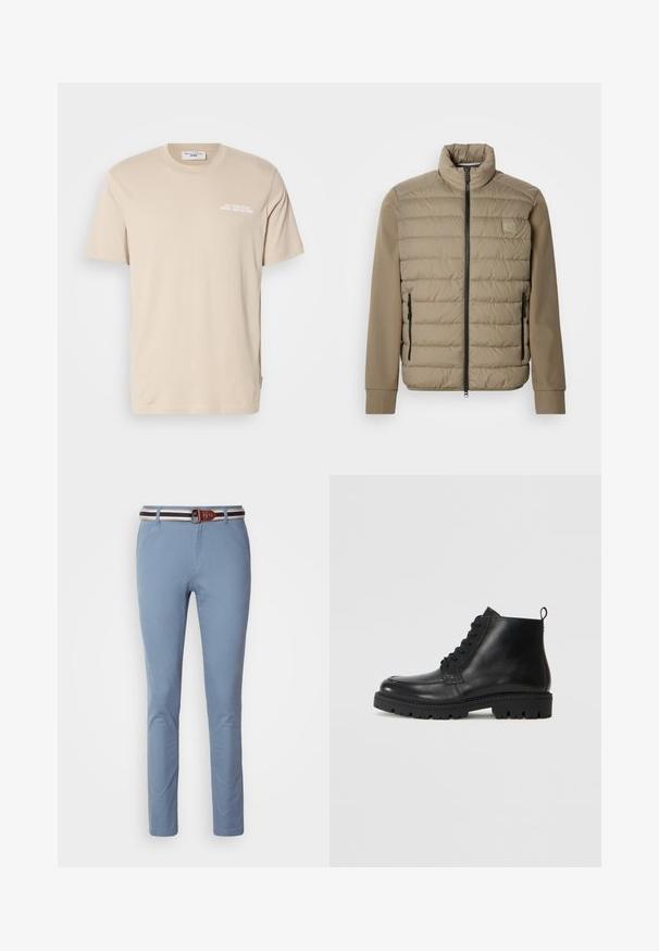 Beige-takki, jossa on korkea kaulus ja vetoketjukiinnitys. Takissa on etuosassa tikattu pintakuvio, sileät hihat ja vetoketjulliset sivutaskut.; Beige puuvillane T-särk lühikeste varrukatega, ümmargune kaelus ja trükitud graafika, millel on rindkeres kiri "TEIE SEIKLUS". Minimalistlik disain.; Vaaleansiniset slim fit -housut, joissa on ruskea nahkavyö valkoisilla ja laivastonsinisinä raitana. Sujuva kangaslaatu, klassinen muotoilu.; Musta nahkasaappaat nilkkapituiset, pyöreä kärki, nauhakiinnitys edessä ja teksturoitu kumipohja. Sisältää vetonauhan kantapäässä helpompaa pukemista varten.