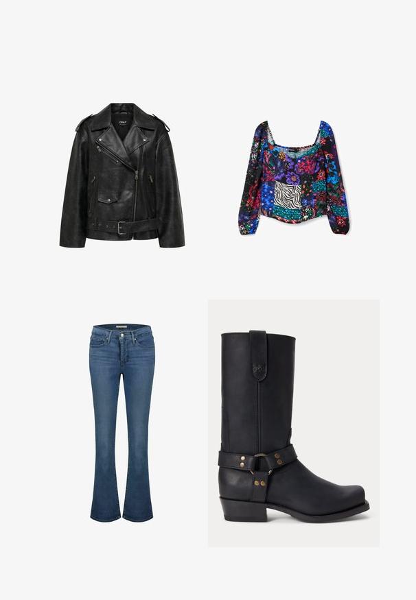 Schwarze Bikerjacke aus Kunstleder mit breiten Revers, asymmetrischem Reißverschluss, Reißverschlusstaschen, einer Tasche mit Druckknopf, Schulterriemen und einem Taillengürtel.; Mehrfarbige Patchwork-Bluse mit langen Puffärmeln. Sie hat florale,Tiermuster und abstrakte Drucke auf schwarzem Hintergrund. Strukturierte Oberfläche.; Blaue Jeans im Flared-Stil mit mittelhoher Taille, ausgestattet mit Ziernähten, zwei vorderen Taschen und einer hinteren Paspeltasche.; Schwarzer Lederstiefel bis zur Mitte der Wade mit niedrigem Absatz, rundem Vorderfuß und dekorativem Riemen mit Metallnieten und Ring um den Knöchel.