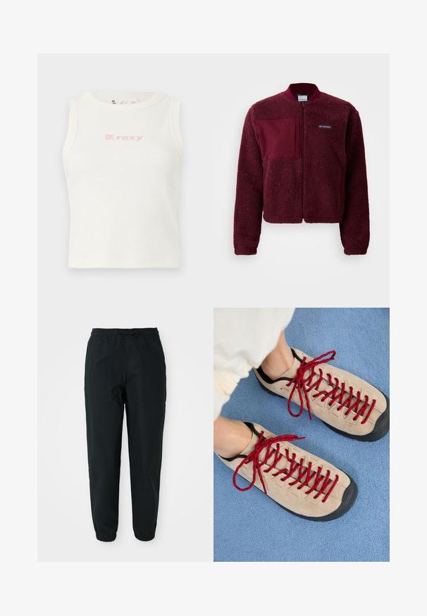 Veste en polaire bourgogne avec fermeture éclair sur le devant, col ras du cou, poignets tricotés et un patch en tissu contrastant sur la poitrine. Surface douce et texturée.; Débardeur blanc côtelé avec un col rond et un petit logo "Roxy" rose sur la poitrine. Texture lisse, design ajusté, sans manches.; Pantalons fuselés noirs en tissu lisse, dotés d'une taille élastique, d'un cordon de serrage et de poches plaquées sur les côtés. Poignets élastiques aux chevilles.; Des chaussures beiges avec des lacets rouges, posées sur une surface bleue texturée, révèlent partiellement la cheville d'une personne. Les chaussures ont un design sportif.