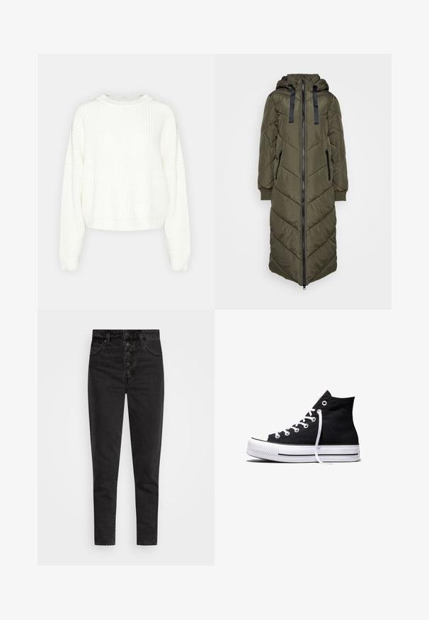 Long manteau matelassé vert olive avec capuche, présentant une fermeture éclair à l'avant, deux poches latérales et un motif en chevrons. Des sangles noires mettent en valeur la capuche.; Pull en maille blanche avec un col rond, des manches longues et une coupe décontractée. Présente un motif texturé et un ourlet et des poignets côtelés.; Jeans en denim noir taille haute avec une fermeture à bouton, cinq poches et une coupe slim. Texture lisse avec peu d'usure et sans ornements.; Baskets montantes en toile noire avec semelle en caoutchouc blanche et lacets blancs, vues de côté sur un fond blanc.