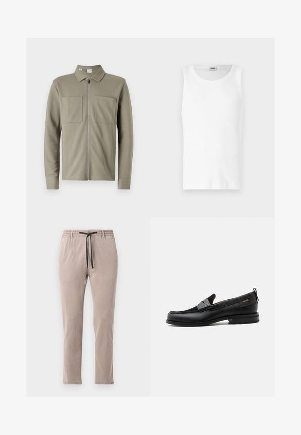 Veste zippée vert olive en tissu texturé, avec un col et deux grandes poches avant. Manches longues avec des ourlets à double retour.; Débardeur en coton blanc sans manches avec un col rond et une texture lisse. Design simple, sans motifs ni accents.; Pantalons beiges avec une taille élastique et un cordon de serrage noir. Design à jambes droites avec une texture douce et des détails de couture minimaux.; Mocassin en cuir noir avec détail de bride grise, talon bas et semelle texturée, marqué "HUGO" en or sur le côté.
