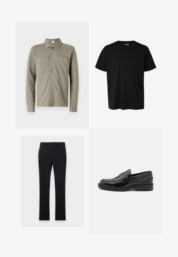 Olivengrøn lynlåsjakke lavet af tekstureret stof, med krave og to store forlommer. Lange ærmer med manchetter.; Ensfarvet sort t-shirt med korte ærmer og rund hals, herrepasform, uden synlige mønstre eller logoer foran.; Sorte bomuldsbukser med lige snit, der har knap- og lynlåsclosure, fem lommer og diskrete syninger.; Sorte læder loafers med en glat finish, rund tå, lav hæl og dekorativ syning langs forsiden. Gummisål for godt greb.