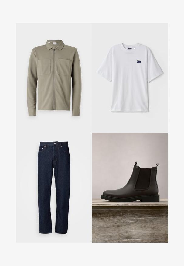 Olivengrøn lynlåsjakke lavet af tekstureret stof, med krave og to store forlommer. Lange ærmer med manchetter.; Hvid bomulds T-shirt med rund halsudskæring, korte ærmer og en marineblå rektangulær logo-patch på venstre brystområde.; Mørkeblå denimjeans med lige ben, der har fem lommer, knaplukning og diskrete syninger.; Sort læder Chelsea-støvle med elastiske sidepaneler og stropper svævende over en træbænk udendørs med græs som baggrund.