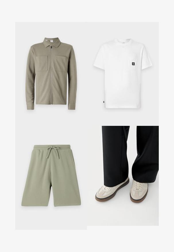 Olivgrüne Zip-Jacke aus strukturiertem Stoff, mit einem Kragen und zwei großen Fronttaschen. Lange Ärmel mit umgelegten Säumen.; Weißes Baumwoll-T-Shirt mit Rundhalsausschnitt, kurzen Ärmeln und einer Brusttasche mit schwarzem Logo-Patch. Glatte Textur, lockere Passform.; Hellgrüne Shorts aus einem strukturierten Stoff mit einem elastischen Bund und Kordelzug. Gerade geschnitten und knielang.; Füße mit beigen Sneakers mit braunen Sohlen und schwarzen Hosen mit weitem Bein auf weißem Hintergrund.