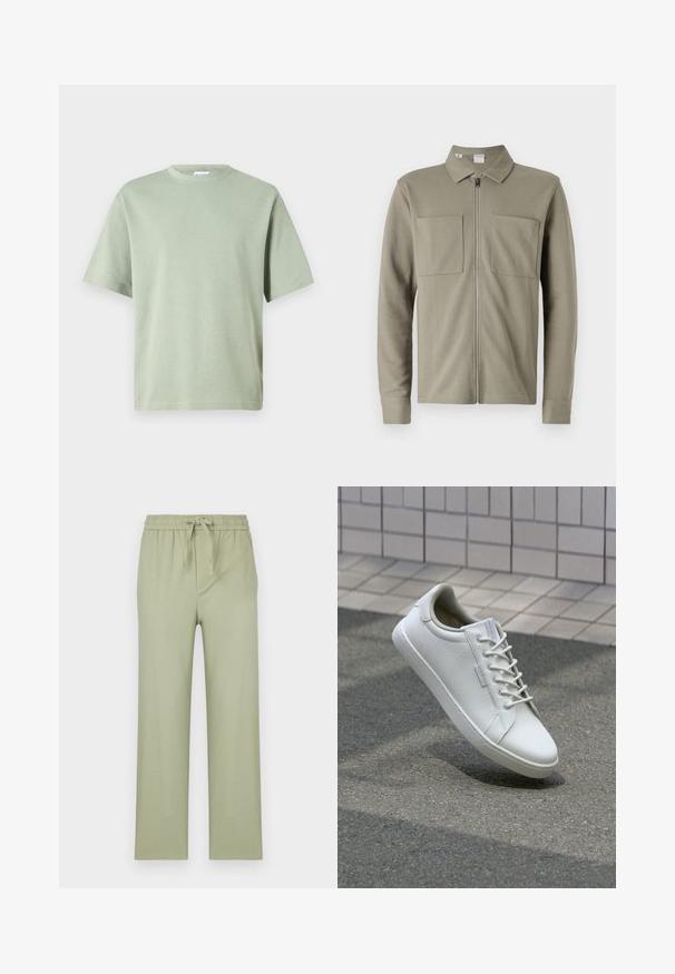 Olijfgroene ritsjack van gestructureerde stof, met een kraag en twee grote voorzakken. Lange mouwen met gestikte boorden.; Lichtgroene katoenen t-shirt met een ronde hals en korte mouwen. De stof heeft een gladde textuur en is niet versierd met enige patronen.; Broek in licht olijfgroen, gemaakt van zachte stof. Heeft een elastische tailleband met een trekkoord en rechte, losse pijpen.; Witte sneaker van gestructureerd leer, met een vetersluiting, stevige rubberen zool en een minimalistisch ontwerp met een versterkte neus.