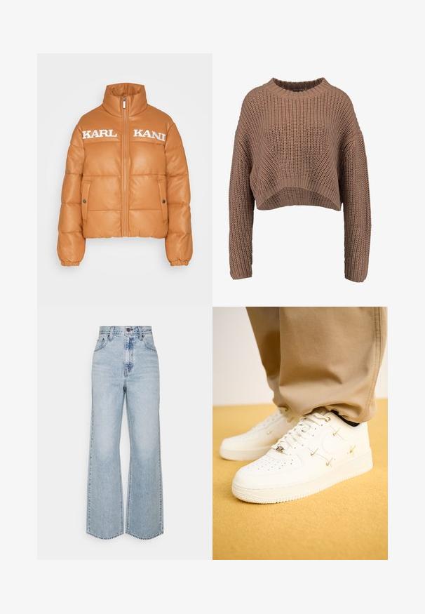 Gevoerde oranje jas met hoge kraag, ritssluiting en zijzakken. Heeft de reliëf tekst "KARL KANI" op de borst. Soepele leer-achtige textuur.; Bruin gebreid cropped sweater, met een geribbelde textuur, wijde mouwen en een ronde hals. Zacht, chunky materiaal met een relaxte pasvorm.; Lichtblauwe denim broek met wijde pijpen, hoge taille, klassiek vijfzakkenontwerp en contrasterende stiksels. Rauwe zoom aan de onderkant.; Witte leren sneakers met geperforeerde neus, gouden accenten en platte veters, gecombineerd met beige broek op een gestructureerde gele ondergrond.