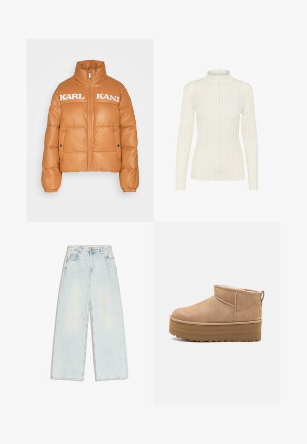 Polstret orange jakke med høj krave, lynlås lukning og sidelommer. Har præget "KARL KANI" bogstaver på brystet. Glat lædertekstur.; Hvid, ribbet turtleneck sweater med lange ærmer og et struktureret mønster; har en høj hals og en simpel sømdetalje foran.; Lyseblå jeans med vide ben, fem lommer, bæltestropper og knaplukning foran i linningen.; Beige ruskinds ankelstøvler med et blødt indre, der har en platformssål og en strop bagpå for nem påtagning. Tekstureret gummisål.