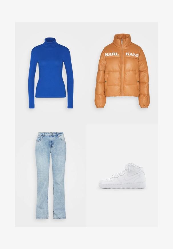 Polstret orange jakke med høj krave, lynlås lukning og sidelommer. Har præget "KARL KANI" bogstaver på brystet. Glat lædertekstur.; Blå langærmet turtleneck top lavet af ribbet materiale, med en tætsiddende silhuet og glat tekstur. Ingen yderligere detaljer til stede.; Weekday FLAME LOW FLARED - Jeans Bootcut - blue dusty light; Hvide høj-top sneakers lavet af læder med polstret krave, perforeret tå, snørebånd og justerbar ankelrem; logo på siden.