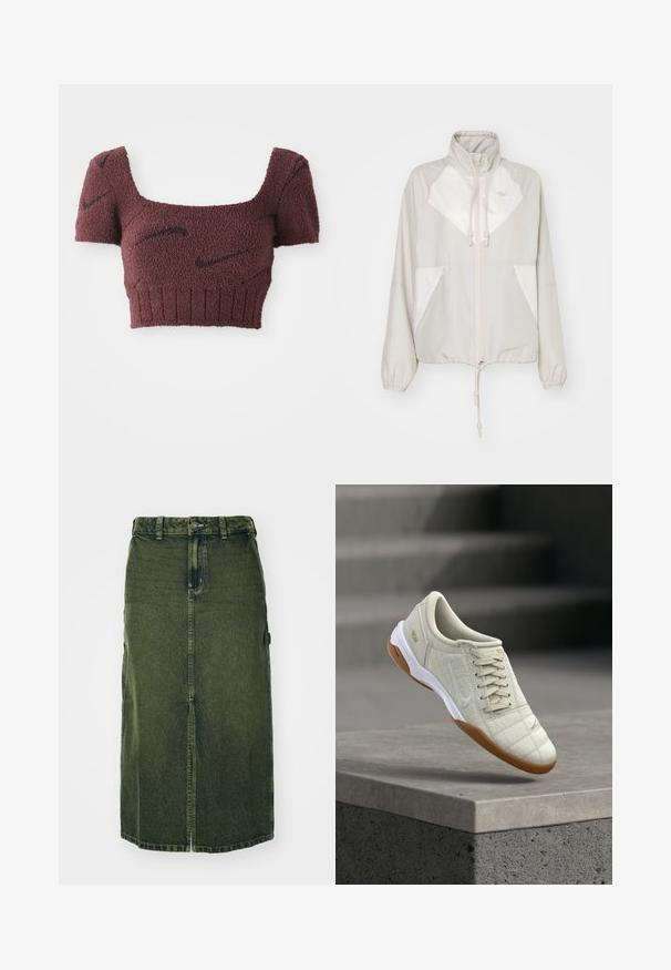 Vaaleanharmaa tuulitakki, jossa on valkoisia yksityiskohtia, korkea kaulus, kiristettävä vyötärö, elastiset hihansuut ja kaksi etutaskua. Lacoste-logo esillä.; Violetti lyhyt toppi, jossa on teksturoitu kangas, neliömäinen pääntie, lyhyet hihat ja ribbaushelma, joissa on hillittyjä tummia kuvioita.; Vihreä farkkuhame, jossa on puolipitkä leikkaus, etuhaalari, napitus ja vyölenkit. Sen tekstuuri on hieman haalistunut, ja siinä on sivutaskut.; Vaaleanbeige tennari tikatulla tekstuurilla, valkoisella pohjalla ja kumipohjalla. Varustettu nauhakiinnityksellä ja hillityllä Nike-brändäyksellä.