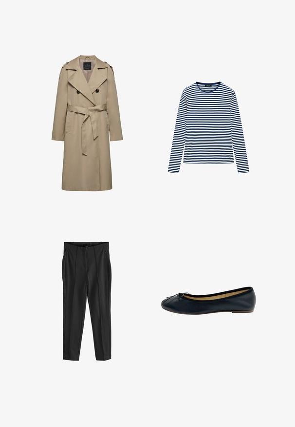 Beige dubbelgeknoopte trenchcoat met brede revers, riem in de taille, schouderepauletten en zijzakken, halflang met gevoerde binnenkant.; Langarm T-shirt met ronde hals en horizontale marineblauwe en witte strepen, gemaakt van lichtgewicht stof, plat gelegd op een witte achtergrond.; Zwarte broeken met een gladde textuur, voorzien van ritszakken aan de voorkant en duidelijke plooien. Minimalistisch ontwerp met een getailleerde pasvorm.; Zwarte leren balletschoenen met een ronde neus, strikdetail aan de voorkant en een zachte binnenvoering. Platte zool met minimale verhoging.