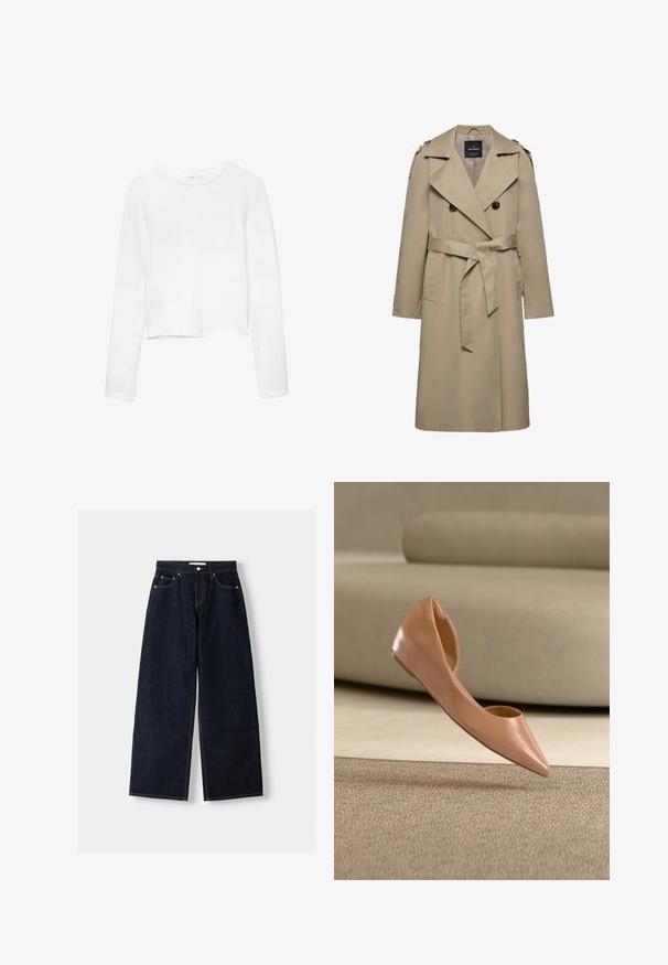 Beige dobbeltradet trenchcoat med brede slag, bælte i taljen, skulderstropper og sidelommer, mellemlang længde med foret indvendigt.; Hvid langærmet cropped skjorte lavet af blødt stof, med rund halsudskæring og et enkelt, sømløst design uden pynt.; Mørkeblå denim wide-leg jeans med høj talje, fem lommer, kontraststing og sølvfarvet metalbeslag. Glat overflade og pæn finish.; Beige spids flad sko med en let foldet hæl, ophængt over et tekstureret tæppe i et rum med neutrale toner.