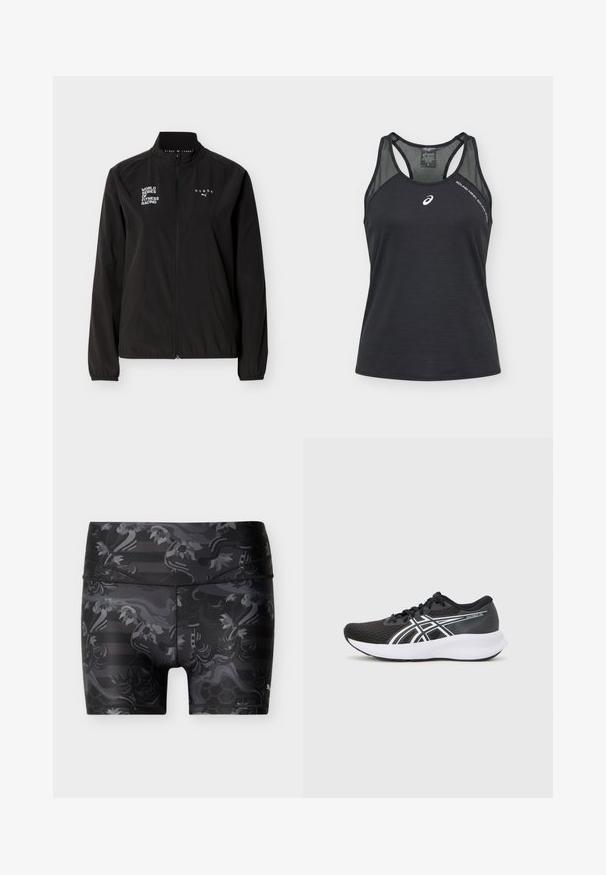 Chaqueta de fitness negra con cremallera completa, con los logos blancos "WORLD SERIES OF FITNESS RACING" y "HYROX", puños elásticos y cuello alto sobre fondo liso.; Camiseta deportiva sin mangas negra de Asics con paneles de malla en los hombros y logo blanco en el pecho y texto "SOUND MIND SOUND BODY" cerca del hombro.; Pantalones cortos deportivos con estampado floral en negro y gris, con una cinturilla ancha y costuras visibles sobre un fondo liso.; Zapatillas deportivas negras con parte superior de malla texturizada, acentos en blanco y una suela blanca acolchada. Presenta un logotipo en el lateral y cordones.