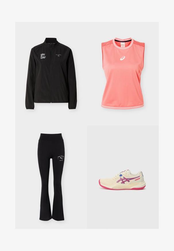 Sort fitnessjakke med fuld lynlås, hvide "WORLD SERIES OF FITNESS RACING" og "HYROX" logoer, elastiske manchetter og høj krave på ensfarvet baggrund.; Ærmeløs atletisk tanktop i koralpink med hvide kanter på krave og kant, med hvidt Asics-logo centreret på brystet.; Sorte udvidede atletikbukser med høj talje og hvidt Puma Athletics-logo på øvre lår.; Cremefarvet sportsko med en lyserød sål, blå og lilla accenter, perforeret overdel og design med rund tå.