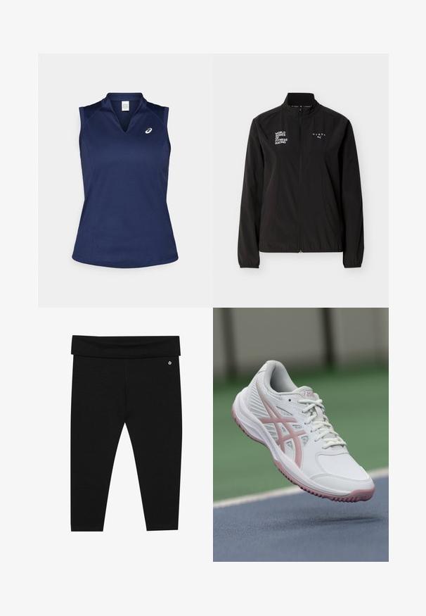 Zwarte fitnessjas met volle ritssluiting, witte "WORLD SERIES OF FITNESS RACING" en "HYROX" logo's, elastische manchetten en hoge kraag, op een effen achtergrond.; Marineblauw mouwloos sporttop met een V-hals, gemaakt van glad, vochtafvoerend materiaal; beschikt over platte naden en een klein logo op de linkerkant van de borst.; Zwarte leggings van een zacht materiaal, met een brede tailleband en een klein logo-detail aan de linker onderkant.; Witte sportschoen met roze accenten, synthetisch materiaal, ronde neus, mesh zijkanten en een gestructureerde zool. Voorzijde met veter en zichtbare ASICS-markering.