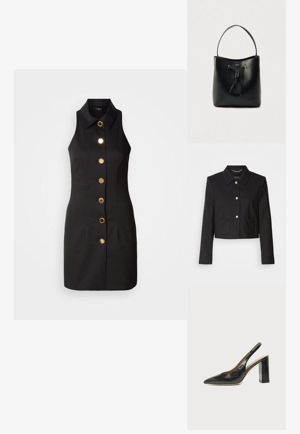 Zwart cropped jack met een kraag, vijf gouden knopen en twee voorzakken. Gemaakt van gladde stof met een strakke, op maat gemaakte pasvorm.; Zwarte mouwloze jurk met een knopenlijst aan de voorkant, voorzien van grote gouden knopen en een klassieke kraag, gemaakt van gladde stof.; Zwarte leren slingback schoen met spits toelopend neusje, hoge blokhak en beige binnenvoering tegen een effen lichte achtergrond.; Zwarte leren bucketbag met een gladde textuur, trekkoordsluiting en een enkele schouderriem. Voorzien van goudkleurige hardware en een logo.