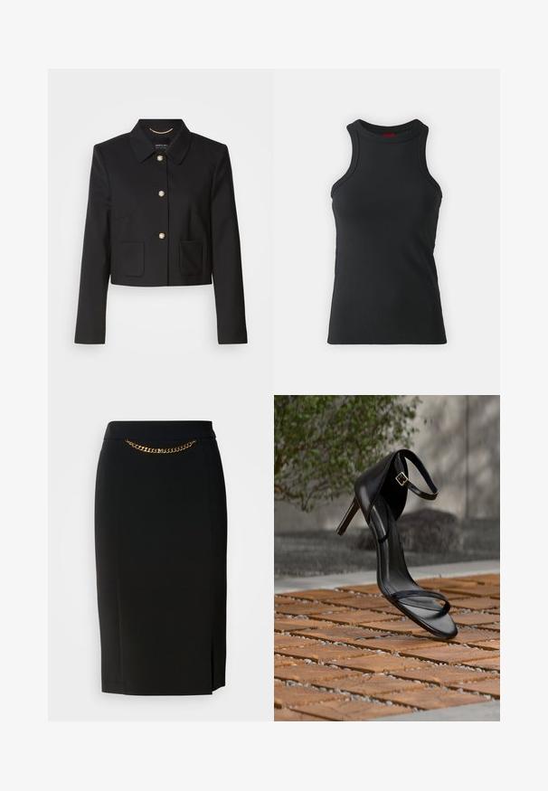 Sort cropped jakke med krave, fem guldknapper og to forlommer. Fremstillet af glat stof med et slankt, skræddersyet design.; Sort ærmeløs tanktop lavet af strækbart stof. Har en rund hals og en tætsiddende silhuet med minimale syninger.; Sort blyantskirt med et lille slids, der har en guld kædedetalje ved livet. Lavet af et glat, strækbart stof for komfort.; Sort højhælet sandal med ankelsnor, der ser ud til at svæve over et trægulv udendørs med sløret grønt og sten i baggrunden.