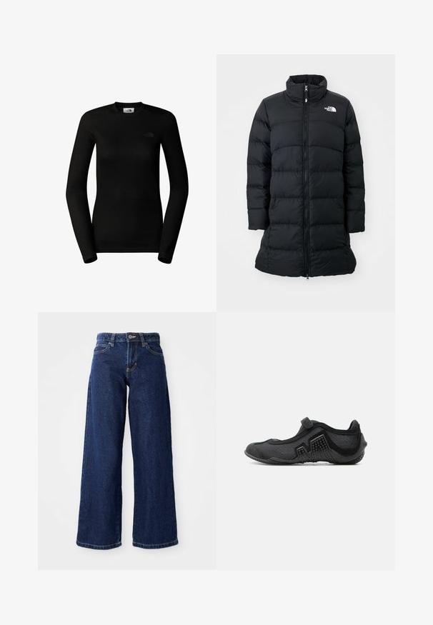 Sort pufferjakke med højt krave, lynlås foran og quiltede horisontale sømme, med et logo på venstre bryst. Mellemlang model.; The North Face W EASY L/S CREW NECK - Langærmet T-shirt - tnf black; Mørkeblå vide jeans lavet af denim, med knap- og lynlåslukning, bæltesløjfer og klassisk fem-lomme design.; Sort fleksibel minimalistisk sko med tekstureret sål og justerbar rem, designet til barfodsstil gang eller vandaktiviteter.
